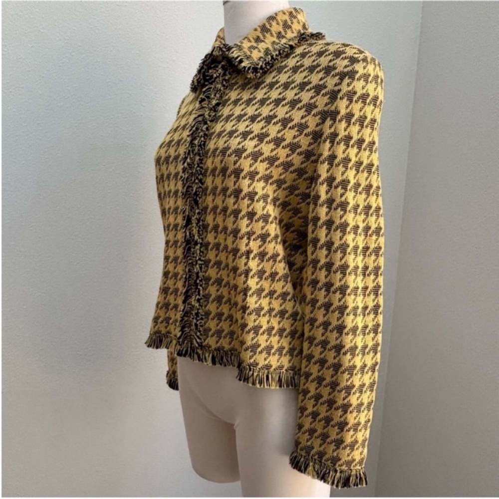 St John Houndstooth Jacket Vintage Fringe Knit Archival Logo Yellow Black Size 8 - Picture 9 of 14